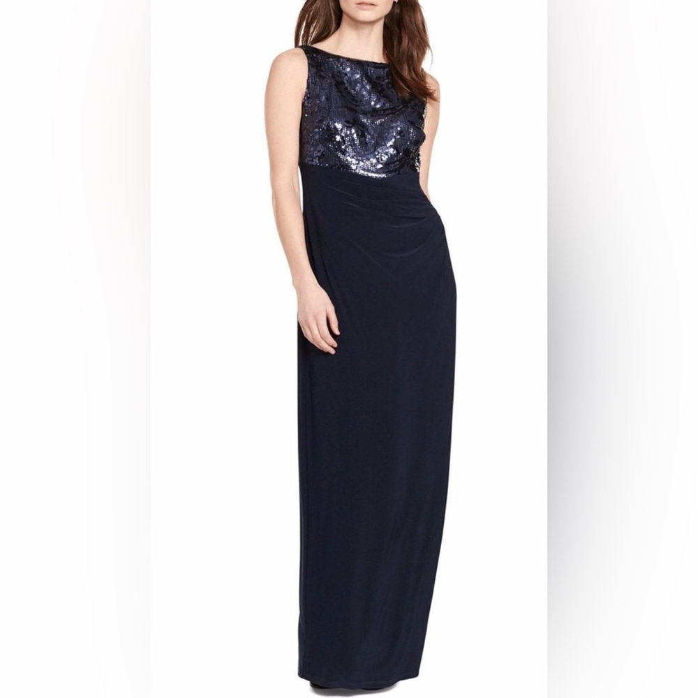 Lauren Ralph Lauren Navy Floral Sequin Ruched Jersey Gown Flattering Mother